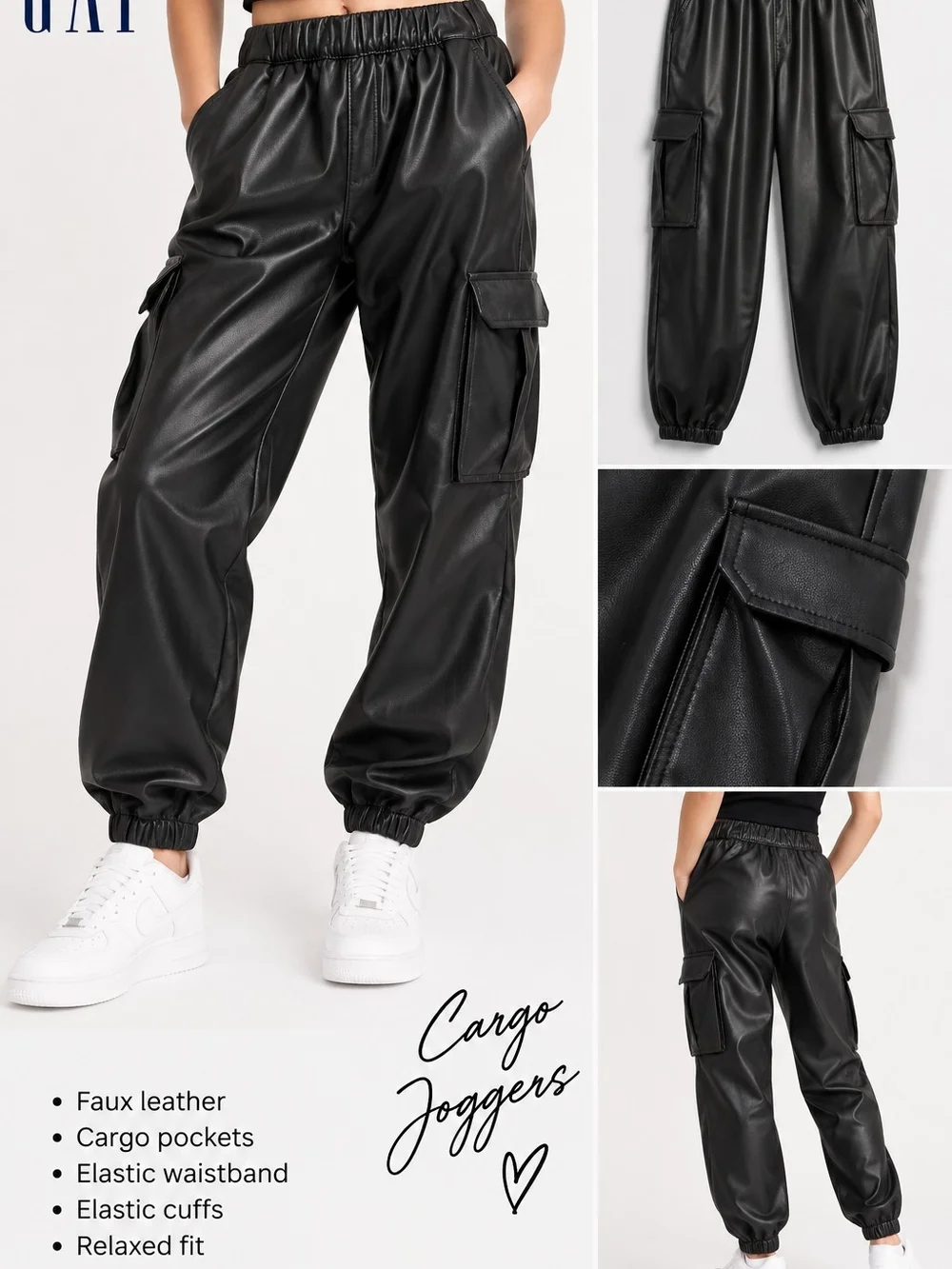 GAP Black Faux Leather Cargo Jogger Pants Medium NWOT Girls